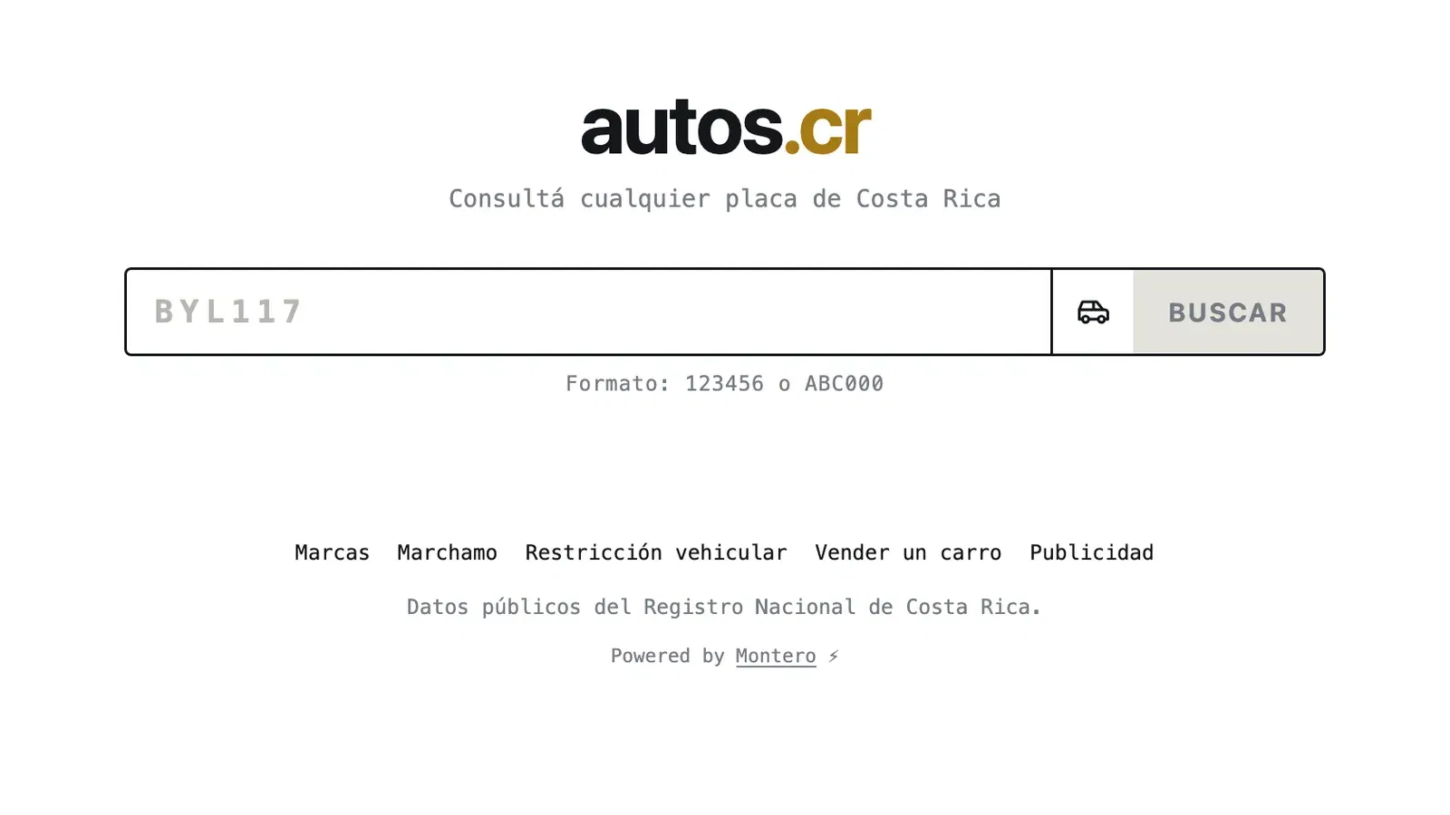autos.cr homepage — a licence plate lookup for Costa Rican vehicles