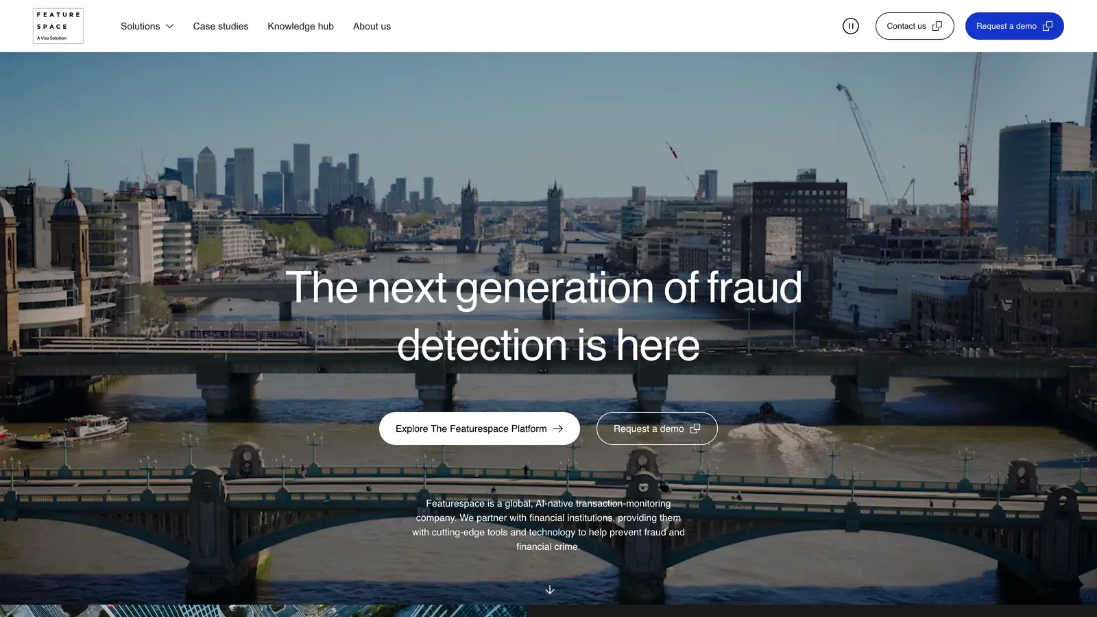 Featurespace homepage — a real-time fraud and risk detection platform, a Visa company