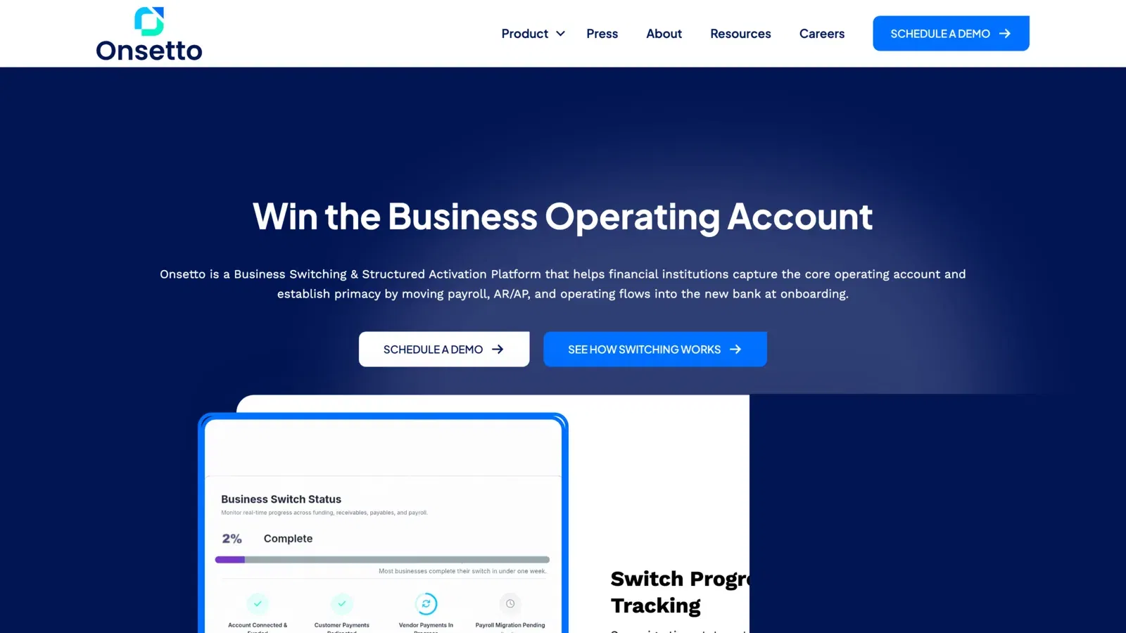 Onsetto homepage — a business-banking switching platform for financial institutions